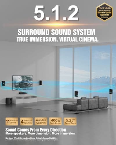 Wooden 5.1.2 Sound Bar for TV, Compact Virtual Surround Sound System with 4 Surround Speakers for Home Theater, 400W Peak Power, 5.25'' Wired Subwoofer, Deep Bass for Movies, ARC/Opt/BT 5.3/AUX, 2026
