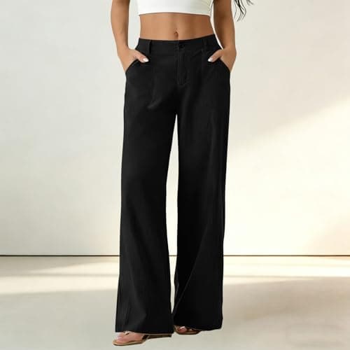Wide Leg Pants Women High Waisted Palazzo Trousers Summer Casual Cotton Pants with Pockets Flowy Beach Outfits Black