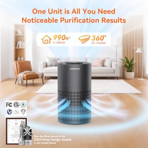 AIRROMI Air Purifier for Bedroom with HEPA 3-in-1 Filter, Pet Air Purifier for Home Cat Pee Smell, Covers Upto 990 Ft², Quiet 360°intake Air Cleaner for pet hair,allergies,pollen,Smoke，A2001 Black