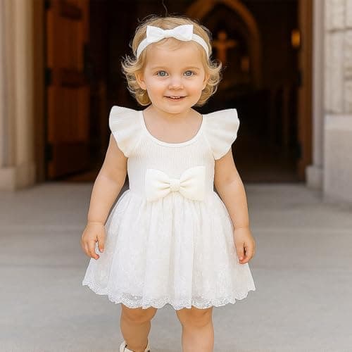 TENTIDE Baby Girl Romper Dress Ribbed Newborn Lace Boho Tutu Dresses Headband Baptism Photography Wedding Summer Outfit 0-24M(6-12 Months,White)