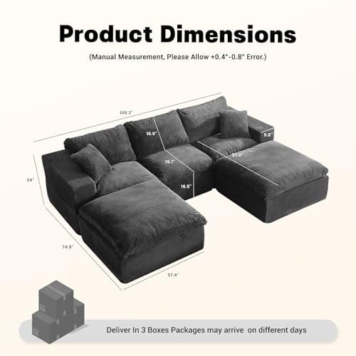 EJC 106.3” Sectional Couches for Living Room, Set of Cloud Couch, Modular Sectional Sofa, Convertible Sofas Bed, Deep Seat Sofa, U Shaped Cozy Sofa Furniture Set, Corduroy, Gray