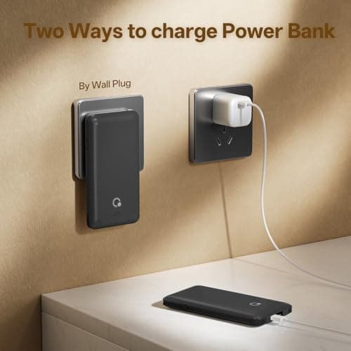 Brand Q Portable Charger with Built-in Cables and AC Wall Plug,Slim USB C Travel Essential Power Bank 10000mAh,External Battery Pack Compatible with iPhone,Samsung,Tablet and All Smart Phones — view 2