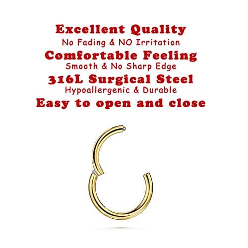 JOFUKIN Gold Plated Silver Black Nose Ring Earrings Hoop, Clicker Septum