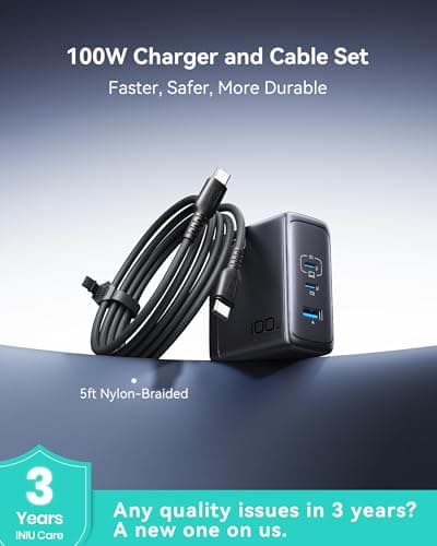 INIU 100W GaN USB C Charger, 3-Port Compact Fast Charging Block with 5ft 100W USB C Cable, Foldable Travel Laptop Charger for MacBook Pro Air 15 14, iPhone 17 16 Pro Max Samsung S26 S25 Dell etc White — view 5