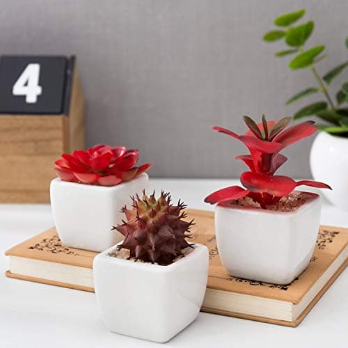 MyGift Set of 3 Miniature Artificial Succulent Plants w/Ceramic Plant Pots, Red