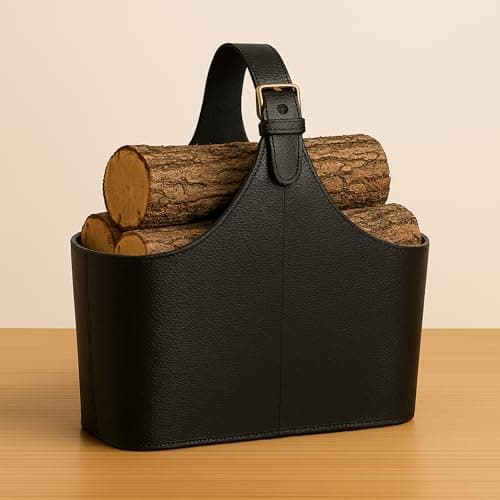 Genuine Leather Firewood Log Carrier, Brown, 22x10x14 Inches, Heavy Duty Wood Tote with Adjustable Buckle Handle for Fireplace and Fire Pit