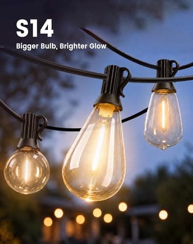 Patifaire Outdoor String Lights 60FT(50+10) Waterproof, 25 LED S14 Shatterproof Edison Bulbs, 2FT Spacing, Extension Cord, Connectable Plug in Hanging Patio Lights for Outside, Backyard, Warm White — view 2