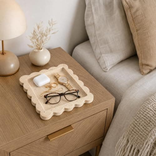 Decorative Scalloped Tray - Beautiful Travertine Stone Inspired 8"x8" Vanity Tray for Jewelry, Perfume and Trinkets - The Perfect Resin Decor Accent for Any Bathroom, Nightstand & Marble Coffee Table — view 4