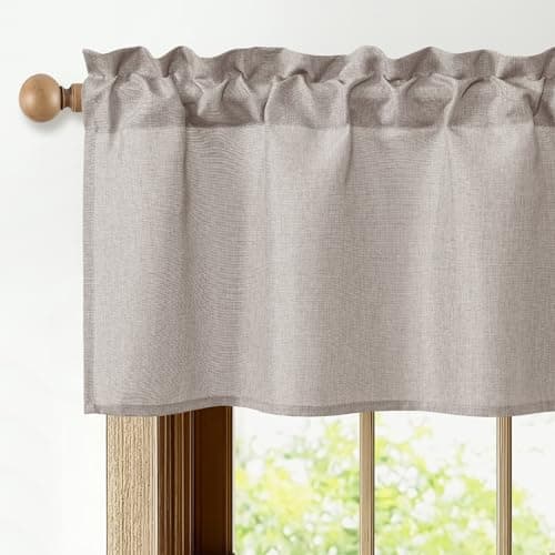 JIUZHEN Faux Linen Valance Curtains - Light Filtering Short Window Treatment with Rod Pocket, Farmhouse Valances for Kitchen Living Room Bedroom Bathroom, 42 x 12 Inch, 1 Panel, Stone