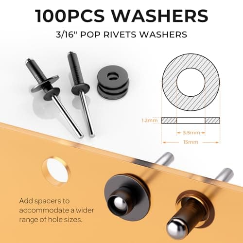 INCLY 200Pcs 3/16 Inches Pop Rivets Assortment Kit, 5 Sizes Aluminum Black Rivets for Metal 3/16" x 5/16" 3/8" 1/2" 5/8" 3/4'' and 304 Stainless Steel Washers with Storage Case — view 2