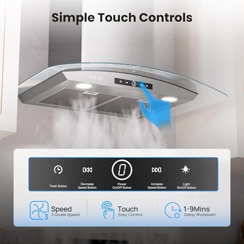 VIKIO HOME 36 Inch Wall Mount Range Hood, 450 CFM Dual Inlet, Curved Glass Kitchen Vent Hood, Ducted/Ductless Convertible, 3-Speed Touch Control, LED Lights, Stainless Steel — view 3
