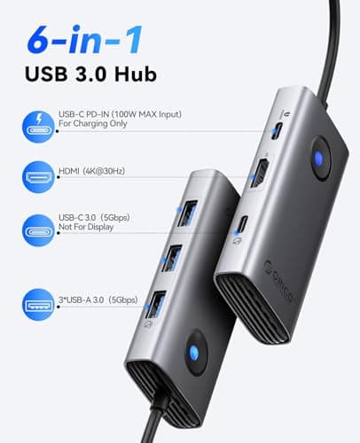ORICO USB C Docking Station, 6-in-1 Laptop Docking Station with HDMI 4K@30Hz, 100W PD, USB-A&C 3.0, USB C Dock Compatible with MackBook/Dell XPS/HP/Surface