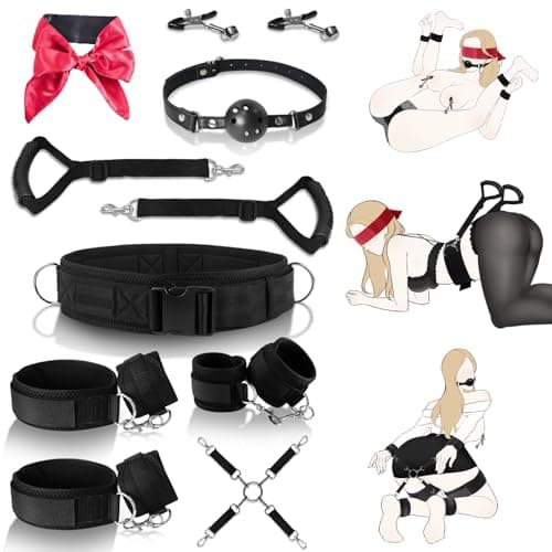 Sex Toys Adults Bondage 3 in 1 Innovative Waist Belt 9 Pcs Sex BDSM Toys for Women Couples Reatraints with Handle Pull Straps Cross-Buckle Strap Blindfold Nipple Ball Gag Clips Hand/Ankle/Thigh Cuffs
