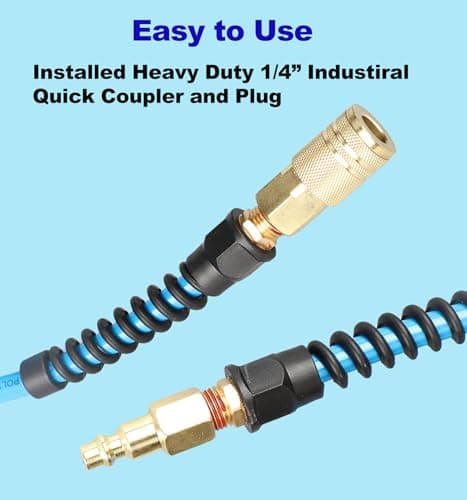 Keepro Polyurethane Recoil Air Hose, 1/4 Inch ID By 25 Feet Long Air Compressor Hose with Repairable Solid Brass 1/4" Industrial Quick Coupler and Plug, 145 PSI Maximum Pressure, Blue — view 4