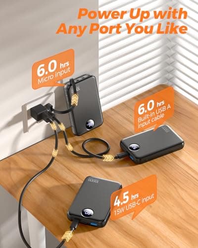 Zmmyuluo Portable Charger with 4 Built-in Cables Power Bank 40% Smaller 10000mAh Fast Charging Battery Pack,LED Display Compact with Multiple USB Ports Travel Charger for iPhone Other Devices-Black — view 3