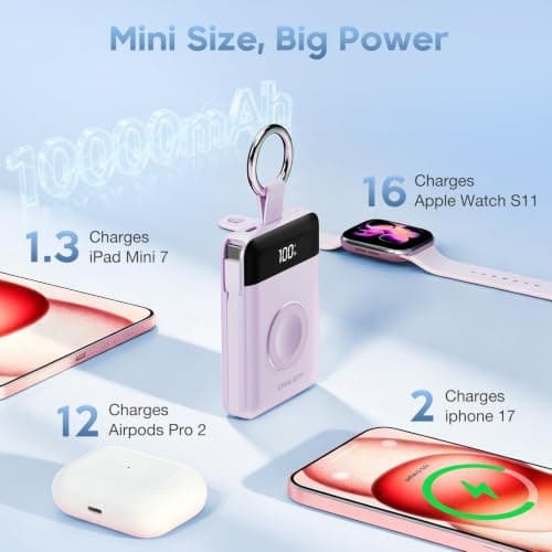 CHALIGTI 10000mAh Portable Charger,PD 22.5W Super Fast Charging Power Bank with Built-in Cables, Travel Keychain Battery Pack for iPhone 17/16/15/14/13/12,Apple Watch Ultra/11/10/9/8/7/6/SE (Purple) — view 3
