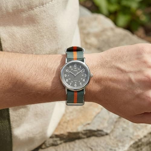 Timex Unisex Weekender 38mm Watch – Silver-Tone Case Gray Dial with Gray & Orange Fabric Slip-Thru Strap — view 4