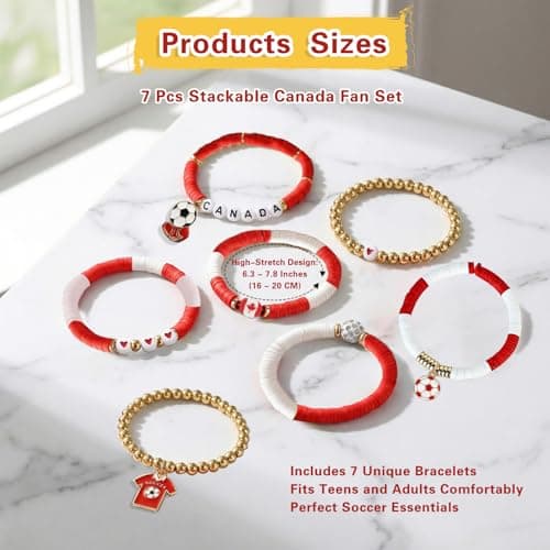 UPEOXT 7 Pcs Canada Soccer Bracelets, Stackable Beaded Wristbands for Women and Teens, National Team Fan Gear, Soccer Merchandise, Birthday Gifts for Football Accessory (7 Pcs)