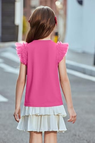 Arshiner Shirts for Kids Mesh Ruffle Flying Short Sleeve Tops for Kids Size 7-8 Casual Soft Summer Tees for Girls Hot Pink