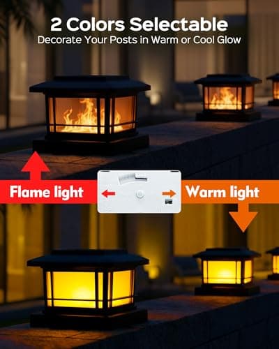 FIONSUN Solar Flame Post Lights Outdoor, Solar Powered Fence Post Cap Lights, High Brightness Flickering Flame SMD LED Lighting Decor for Garden Deck Patio (4 Pack)