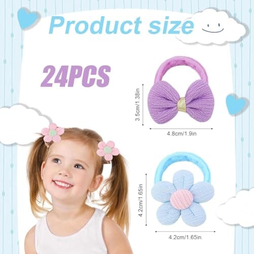 Toddler Girls Hair Ties, 24PCS Baby Flower Bows Hair Tie Cute Elastic Scrunchies, Seamless Ponytail Holders, Little Girls Hair Accessories for Thick Hair, Candy Colors