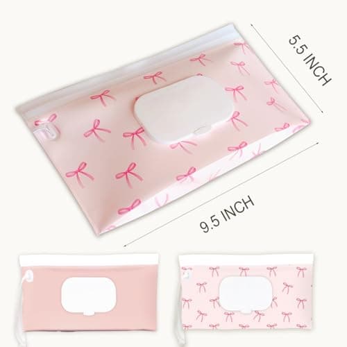 eoscasely Wipe Dispenser and Wipes Container, 2 Pack Reusable Wipes Holder and Travel Wipes Case, Refillable Pouch for Baby Essentials, blush& bow Design (Blush) — view 3