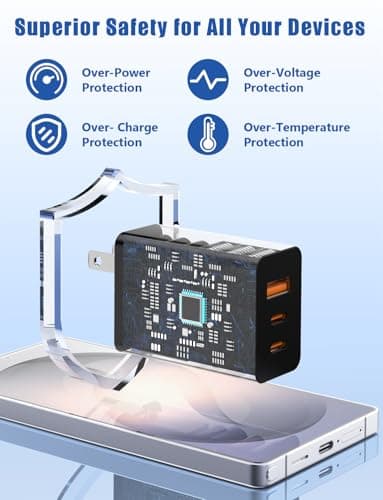Susnwere 65W USB C Wall Charger for Samsung S26 Ultra,3 Port 100W PD Quick 3.0 Type C Charging with 3/6/10/10FT USB C Cable for Samsung Galaxy S26+/S25/S24/S23 Ultra/S22/S21/S20/Android Phones — view 2