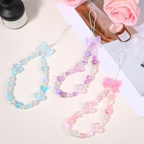 Beaded Phone Charms Strap, 3 Pcs Camera Charm Strap Wristlet Keychain Butterfly Flower Heart Bow Lanyard Chain Cute Lanyard Wrist Straps Cellphone Charm for Phone Case, Wallet (Pink, Purple, Blue) — view 4