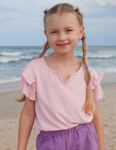 Arshiner Clothes for Girls Ruffle Short Sleeve Shirts Cute Little V Neck Tops Dress Shirts Summer Toddler Girls Tee Pink 5 Years