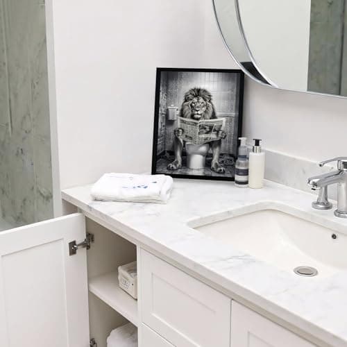 WRFON Framed Lion Bathroom Wall Art, Funny Lion Reading Newspaper on Toilet Bathroom Artwork, Black and White Animal Canvas Wall Painting, Modern Farmhouse Decoration for Home Decor, 8" W x 10" L — view 2