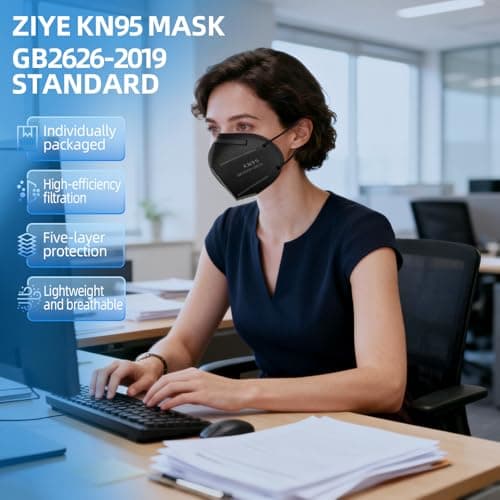 ZIYE 50-Pack Black KN95 Face Masks - 5-Ply Cup Dust Protective Masks with Elastic Ear Loops, Breathable for Daily Use — view 4