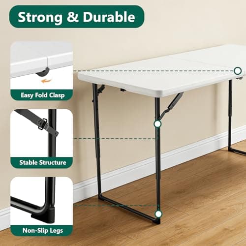 Folding Table 1 Pack, 4FT Folding Table with Adjustable Height, Heavy Duty Plastic Foldable Table Portable, Steel Legs Supports to 300lbs, Suitable for Party, Camping, Events Indoor&Outdoor Use, White — view 3