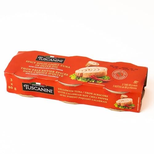 Tuscanini Italian Solid Light Yellowfin Tuna in Olive Oil with Calabrian Chili Peppers 3 Pack of 80g (240g) | Gluten Free, Soy Free, Mineral Enriched, Kosher for Passover, Product of Italy