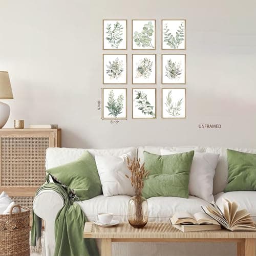 Sage Green Wall Art Set 9, Modern Watercolor Botanical Poster Prints, Unframed Eucalyptus Leaf and Minimalist Floral Picture Wall Decor for Bedroom, Bathroom and Office, 8x10 inch — view 2