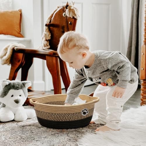 HiChen Dog Storage Bin, Baby Basket for Gifting, Wicker Storage Baskets for Dog, Cute Basket with Handles, Small Woven Baskets for Nursery 12"x 8" x 5" Black-Brown — view 5