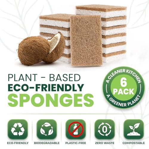 Metflavor Kitchen Sponges, 6 Count, Natural Non-Scratch Cellulose Sponge with Coconut Scrubber for Dishes, Biodegradable & Compostable, Non Toxic Cleaning Sponges for Kitchen, Bathroom, Household