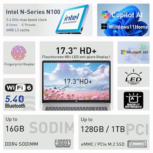 HP 17.3" Touchscreen Laptop w/Microsoft 365, 8GB RAM, 512GB SSD+128GB UFS, Webcam w/Shutter, Fingerprint Reader, Backlit Keyboard, Microsoft Copilot Key, Intel Quad-Core CPU, Win11, Lavender