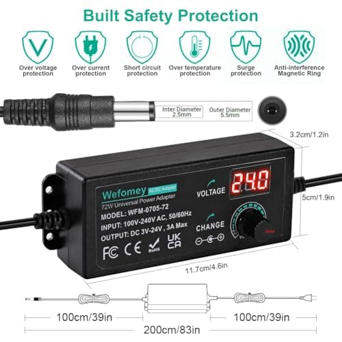Universal Power Supply 3V~24V 3A 72W Adjustable Variable 3V 5V 9V 12V 18V 20V 24V AC/DC Adapter Charger, 100V-240V AC to DC Converter with 14 Tips, Polarity Converter and 4-Way Power Splitter Cable — view 2
