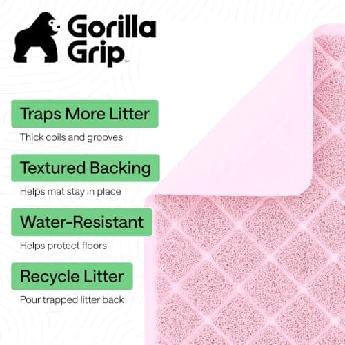 GORILLA GRIP Cat Litter Box Mat, 35x23, Water Resistant Kitty Litter Trapping Mat, Textured Backing, Easy to Clean, Less Waste and Clean Floors, Kitten Supplies for Indoor Cats, Soft on Paws, Lt Pink