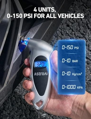 AstroAI Digital Tire Pressure Gauge 0-150PSI Calibrated to ANSI B40.7 +/-1PSI, Accurate in 0.1 Increments, 4 Pressure Measurements for Car Truck Bicycle with Backlight LCD, Silver — view 2