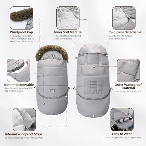 LAT Baby Warm Bunting Bag Universal,Extended and Removable,Stroller Sleeping Bag Cold Weather,Waterproof Toddler Footmuff(Oval,Gray) — view 2