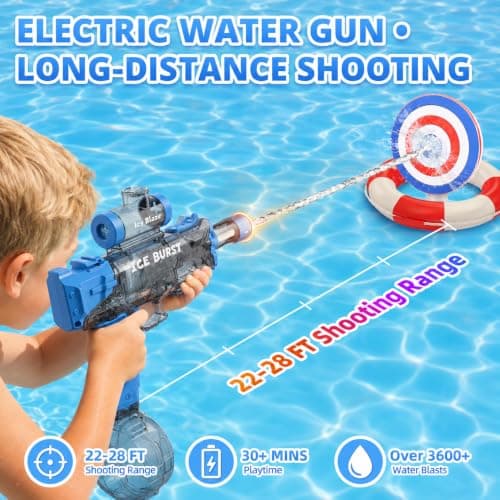 Electric Water Gun for Adults Kids, Automatic Water Guns 32FT Long Range, LED Light Watergun, Squirt Gun for Summer Outdoor Water Toys Pool Beach Party Water Blaster Gift for Boys Girls, Blue — view 3