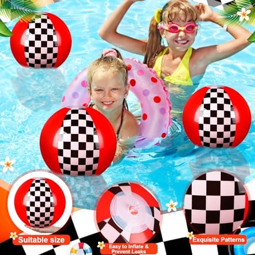 Hollowfly 4 Pack Black White Red Beach Balls 11.8" Checkered Flag Themed Inflatable Beach Ball Bulk Race Car Birthday Party Supplies for Summer Pool End of the Year Decoration Favor — view 2