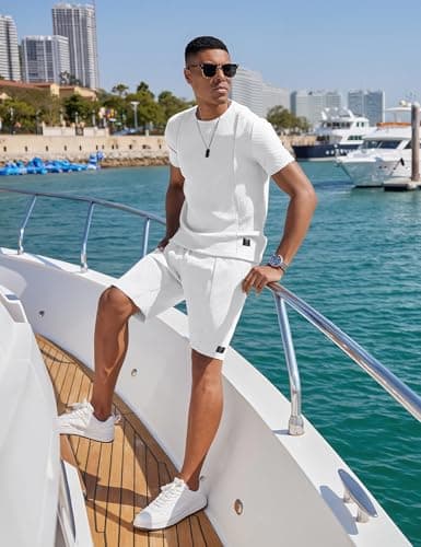 UOUA Mens Short Sets 2 Piece Summer Outfits Casual Short Sleeve Crew-Neck Shirts & Shorts Track Suit Jogging Loungewear, White M