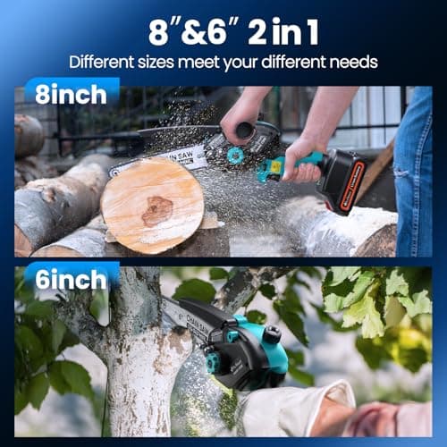 Mini Chainsaw Cordless, 8 & 6 inch Electric Chain Saw with 2 Rechargeable Batteries, scie à chaîe à batterie is a Perfect Gardening Gifts for Men &Father's Day, Battery Chainsaw for Trees Wood Cutting