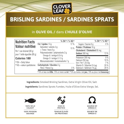 Clover Leaf Brisling Sardines in Olive Oil - 106g, 12 Count - Canned Fish - High in Protein, 16g Per 80g Serving Drained - Source of Omega-3, Iron, Vitamin D, Calcium