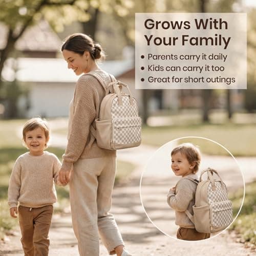 miss fong Small Diaper Bag - Baby Diaper Bag Backpack Checkered Diaper Bag with Changing Pad Baby Backpack for Travel Daycare Mommy Diaper Backpack Pañaleras Para Bebe for Mom & Dad-White&Beige — view 5