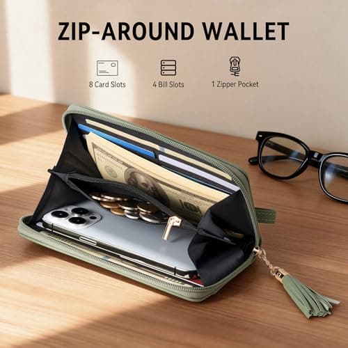 Travelambo Womens Wallet Tassel Bifold Ladies Clutch Wristlet Wrist strap Long Purse (Access Green Blooming) — view 2