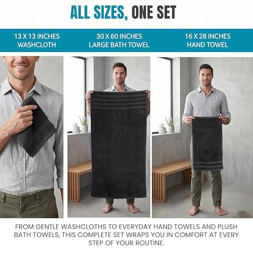 Utopia Towels 8 Piece Towel Set – Super Absorbent & Quicker-to-Dry, Thick 100% Ring Spun Cotton Towels for Bathroom, Spa & Hotel – 2 Bath, 2 Hand, 4 Washcloths, Black