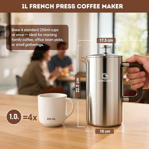 TOMAKEIT 1L/34 Oz French Press Coffee Maker,304 Stainless Steel Coffee Press,Durable & Easy Clean,Leak-Proof Design,Prensa Francesa Para Cafe for Home,Office,Camping (Silver-Upgrade) — view 3